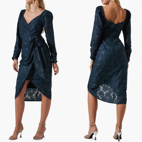 NEW ASTR Label NAVY Terese METALLIC Floral LONG SLEEVE Cocktail MIDI DRESS XS - Picture 2 of 16